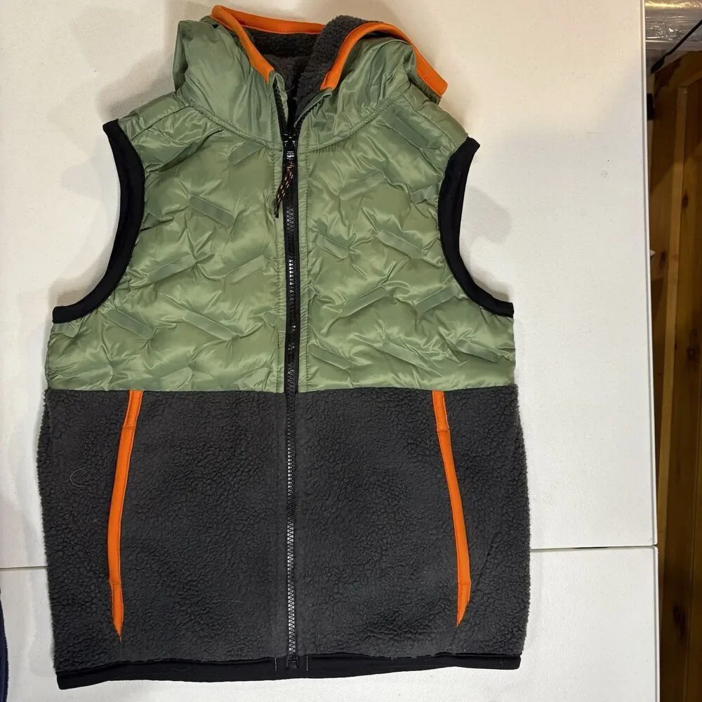 Old Navy Kids‎ Medium 8 Green Gray Sherpa Fleece Quilted Hooded Puffer Vest